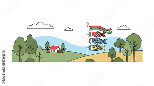 Japanese Children's Day landscape illustration with koinobori carp streamers flying in a field with a house and trees in the background.