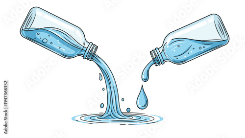 Hand-drawn sketch illustration of water being poured from two glass bottles, creating ripples and a single dripping drop.
