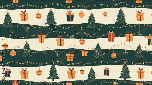 Festive seamless Christmas pattern with decorated trees, gift boxes, and ornaments hanging from strings of lights on a striped background.