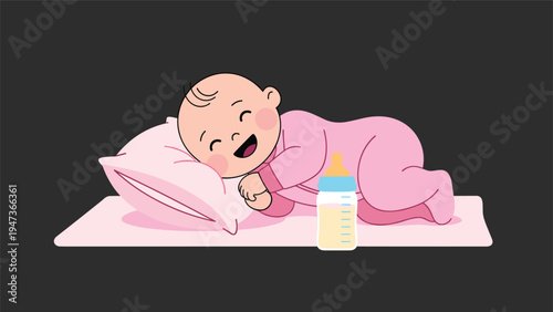 Adorable cartoon baby in a pink onesie lying happily on a pillow next to a full baby bottle on a dark background.