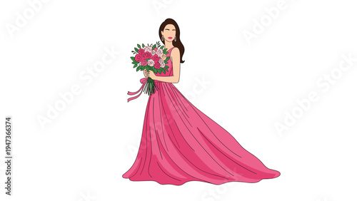Elegant illustration of a beautiful woman in a flowing pink evening gown holding a large bouquet of pink and red flowers.