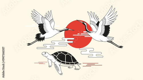 Japanese-style illustration of two cranes flying over a large red sun, with a turtle swimming below, symbolizing longevity and happiness.