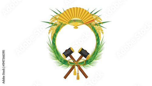 Traditional Japanese New Year's wreath or shimekazari made from rice straw and pine, decorated with a fan and lucky hammers.