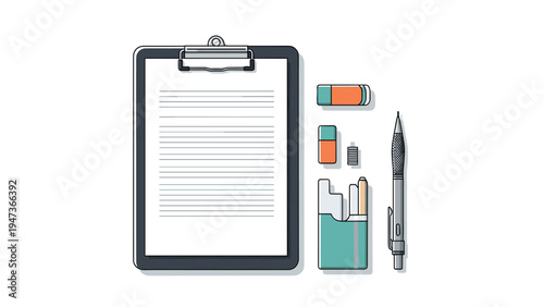 Flat lay illustration of office and writing supplies including a clipboard, a mechanical pencil, erasers, and a pack of cigarettes.