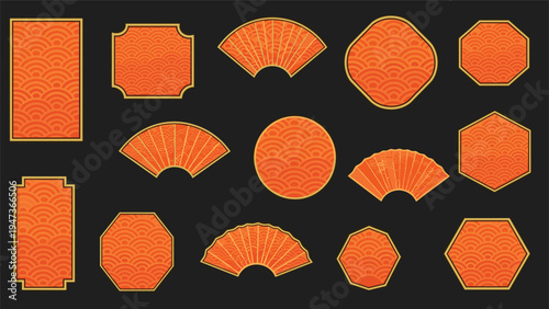 Collection of traditional Chinese and Japanese style frames with a golden border and an orange seamless wave pattern for decoration.