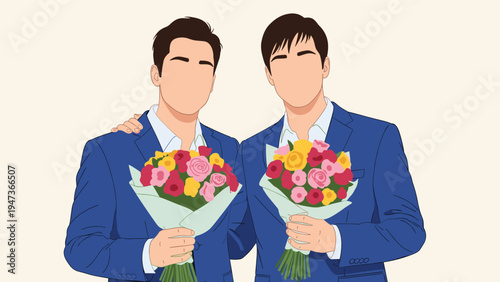 Faceless illustration of a romantic male gay couple in matching blue suits, holding beautiful bouquets of colorful flowers for a wedding.