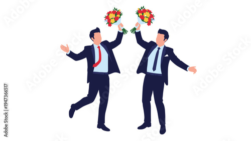 Faceless illustration of two happy businessmen in suits celebrating success by jumping and raising bouquets of colorful flowers together.