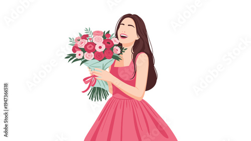 Illustration of a happy, smiling young woman with long brown hair wearing a pink dress and holding a large bouquet of beautiful flowers.