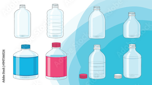 Set of clear plastic bottle illustrations including empty, full of liquid, line art, and capped versions for various design concepts.