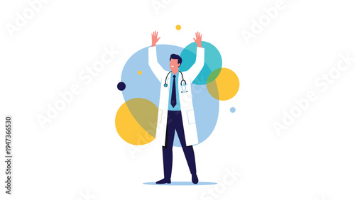 Happy male doctor in a white coat with a stethoscope, celebrating with arms raised against an abstract background of colorful circles.