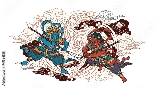 Dynamic Japanese mythology illustration of Fujin and Raijin, the wind and thunder gods, battling among stylized clouds and flowers.