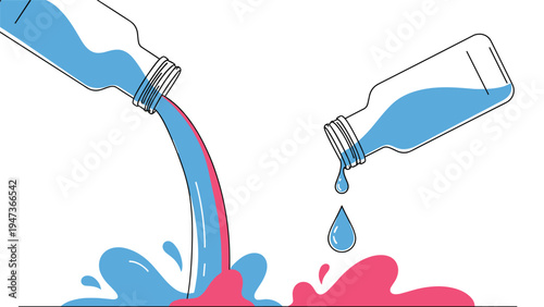 Vector art showing blue and pink liquids being poured from bottles, one mixing together and another dripping, on a white background.