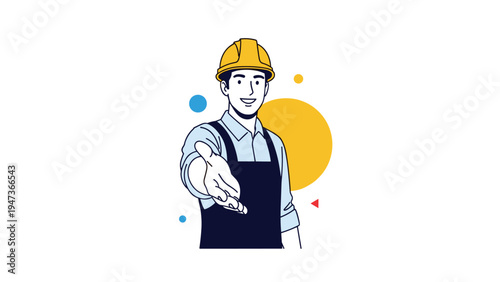 Friendly construction worker or engineer in a yellow hard hat and overalls extending a hand for a handshake, with abstract shapes.