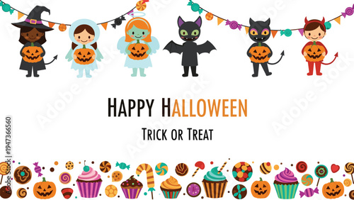 Happy Halloween trick or treat banner featuring cute kids in costumes like a witch, angel, and devil, with a border of sweets.