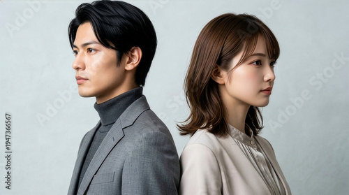 背中合わせに立つ男女　対等なビジネスパートナーシップ