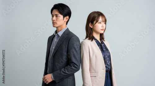 背中合わせに立つ男女　対等なビジネスパートナーシップ