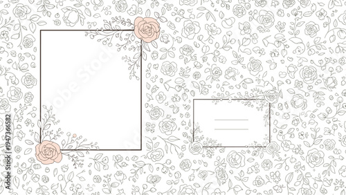 Elegant floral invitation card template with a delicate line art flower pattern background, a text frame, and a reply card area.