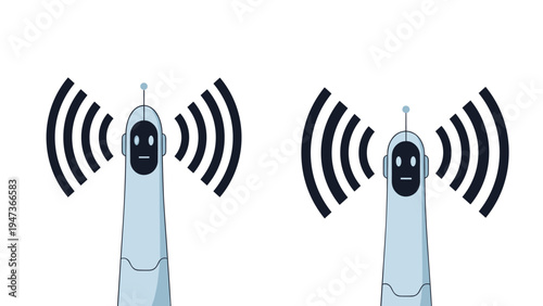Two modern robots transmitting wireless signals, representing concepts like communication, artificial intelligence, and network technology.