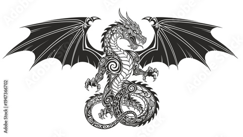 Intricate black and white tribal dragon tattoo design with large wings and celtic knot patterns, isolated on a white background.