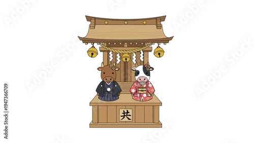 Cute cartoon illustration of a cow and bull couple dressed in traditional Japanese wedding kimonos, standing in front of a shinto shrine.