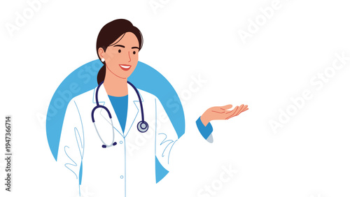 Friendly female doctor in a white coat with a stethoscope, smiling and gesturing with her hand to present information or a product.