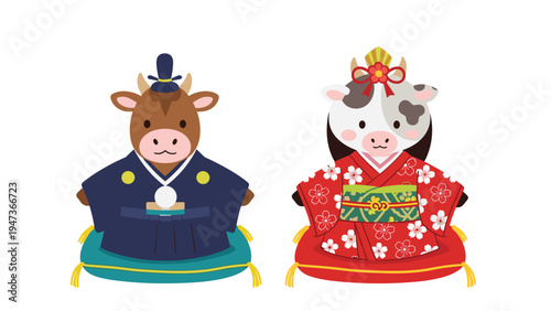 Cute cartoon illustration of a cow couple dressed as the Emperor and Empress for Japanese Hinamatsuri, representing the Year of the Ox.