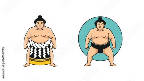 Set of two cartoon illustrations of a Japanese sumo wrestler, one full body and one in a circular icon, in a simple cute style.