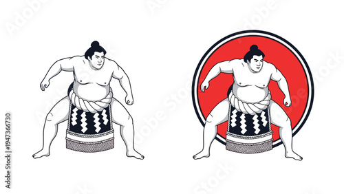 Set of two black and white illustrations of a sumo wrestler in a ready stance, one isolated and one inside a red circle.