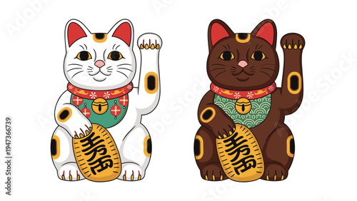 Set of two Maneki-neko or lucky beckoning cats, one white and one brown, holding a coin for good fortune and prosperity in Japan.
