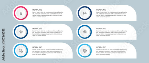 A modern infographic template with six rounded rectangular text boxes and circular icons in various shades of blue and red on a light gray background