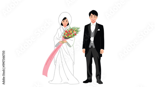 Illustration of a Japanese wedding couple, with the bride in a traditional white shiromuku kimono and the groom in a formal tuxedo.