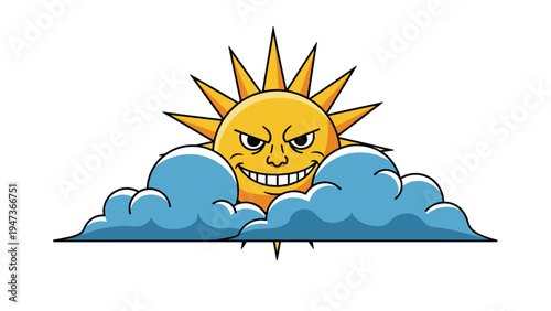 Cartoon illustration of a menacing, evil-looking sun with a sinister smile, peeking out from behind blue clouds in the sky.