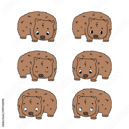 Cute set of isolated cartoon wombats with different emotions. Vector drawing of adorable herbivore animal character. Collection of design elements for children