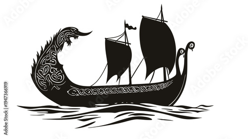 Viking ship sailing on waves with intricate design