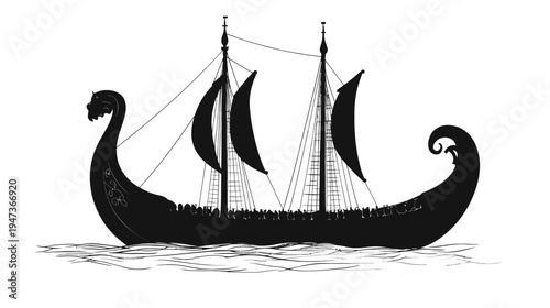 Viking ship sailing on calm waters with crew visible