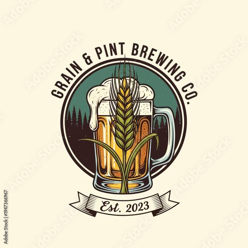 Vintage beer logo featuring wheat and frothy drink