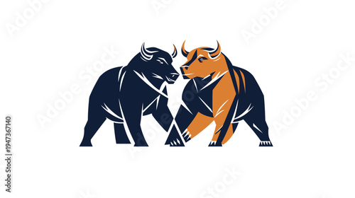 Two stylized bulls facing each other on white background