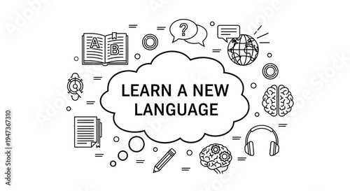 Learn a new language concept illustration with line icons.
