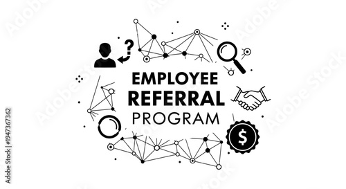 Employee Referral Program typography with recruitment and networking icons.