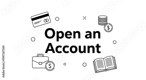 Open an Account typography with banking and financial service icons.