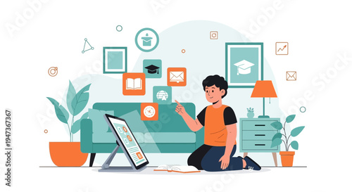 Boy learning online at home, using tablet, educational icons floating around