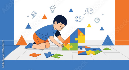Child assembling a colorful puzzle, symbolizing learning, creativity, and problem-solving