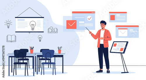 Business presentation in classroom with teacher explaining ideas on whiteboard and screen