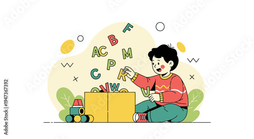 Child learning alphabet letters, playing with educational toys, developing skills