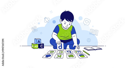 Child learning alphabet letters and numbers with blocks and cards, educational game