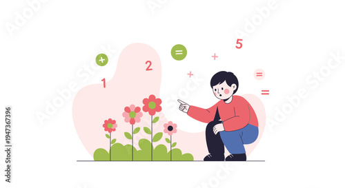 Child learning math with flowers, counting, education, growth, nature, numbers, boy