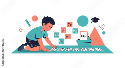 Child learning alphabet, sorting letters, early education, cognitive development