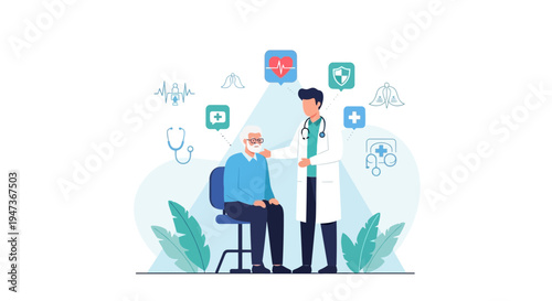 Doctor consulting elderly patient, healthcare icons, medical support, senior care, health insurance concept