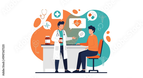 Doctor consulting patient in clinic, medical icons, healthcare concept
