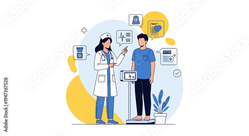 Doctor consulting patient on weight scale, health checkup, medical icons, healthcare concept